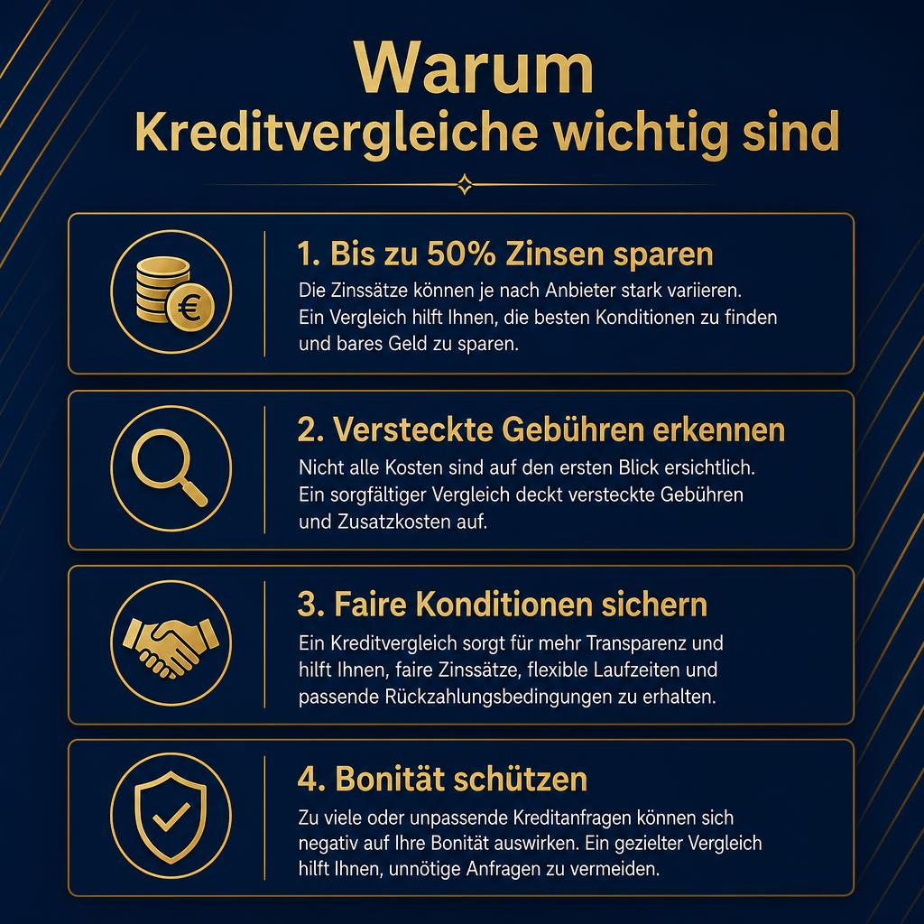 Infografik: Warum Kreditvergleiche wichtig sind – bis zu 50 % Zinsen sparen, Konditionen transparent vergleichen, versteckte Kosten erkennen, schnell und unverbindlich